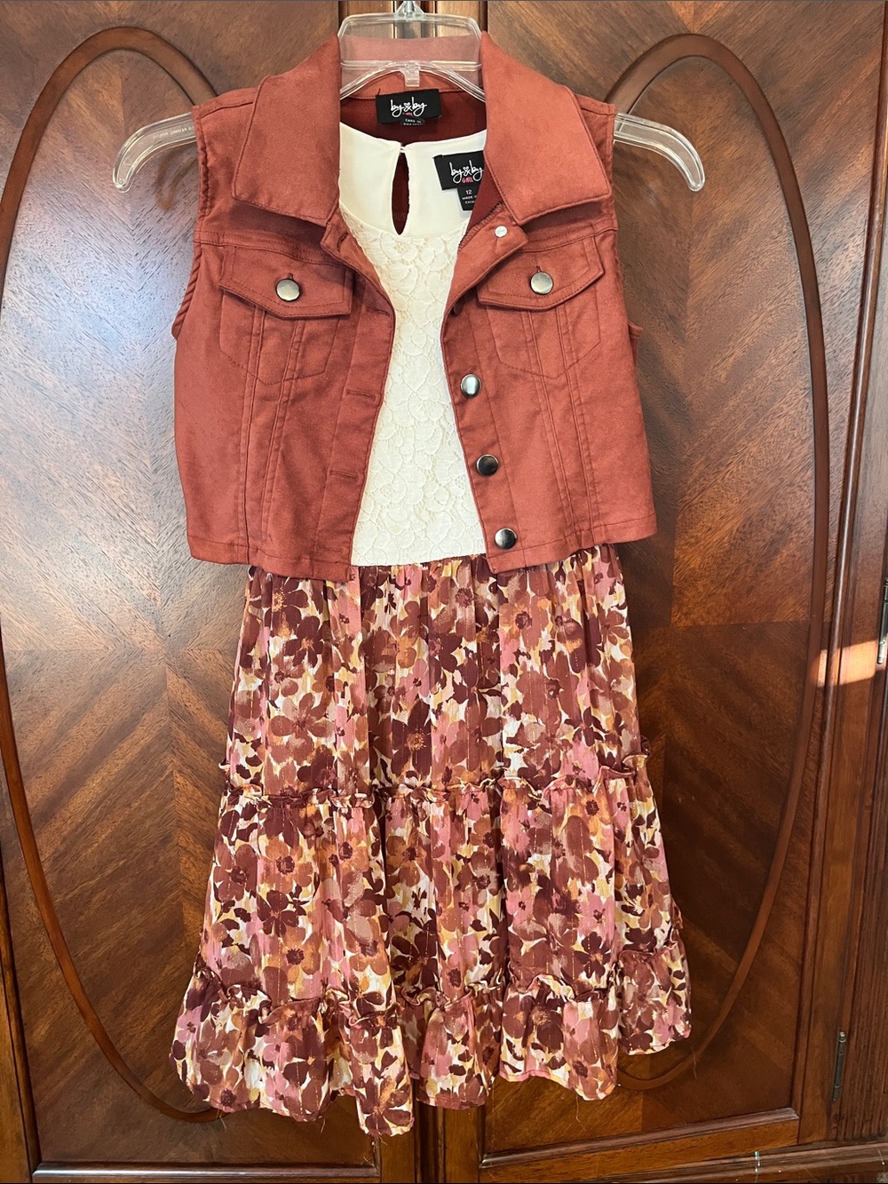 By & By Girl Rust Cropped Vest with Floral Dress Set